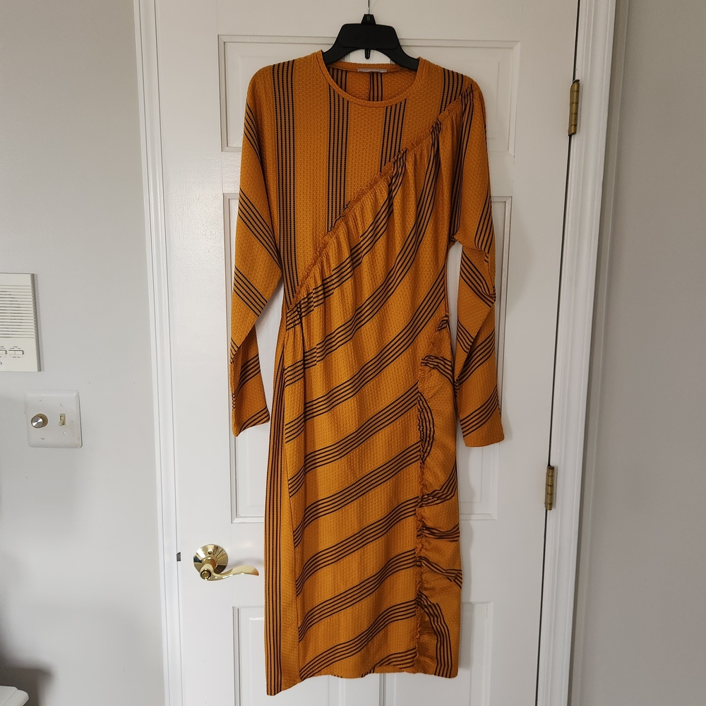 Zara Mustard and Black Striped Long Sleeve Dress